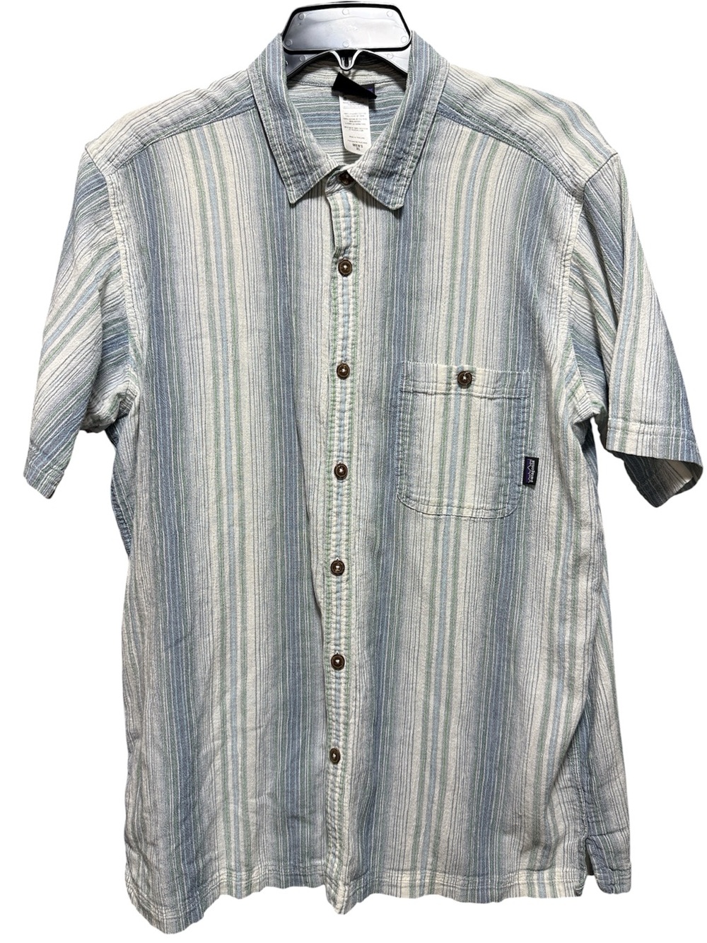 Patagonia Blue and White Striped Short-Sleeve Button-Down Shirt